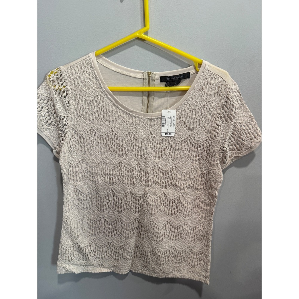 89th & Madison Womens Lace Front Short Sleeve Top Cream Ivory Zip Back Large NWT